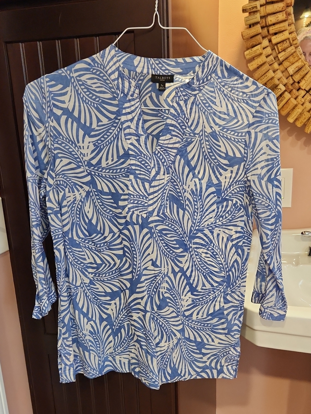 Talbots Blue and White Foliate Print Henley Tunic SP